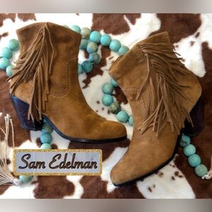Sam Edelman Louie Suede Leather Fringe Booties Sz 8 Chestnut Brown Festival🎡